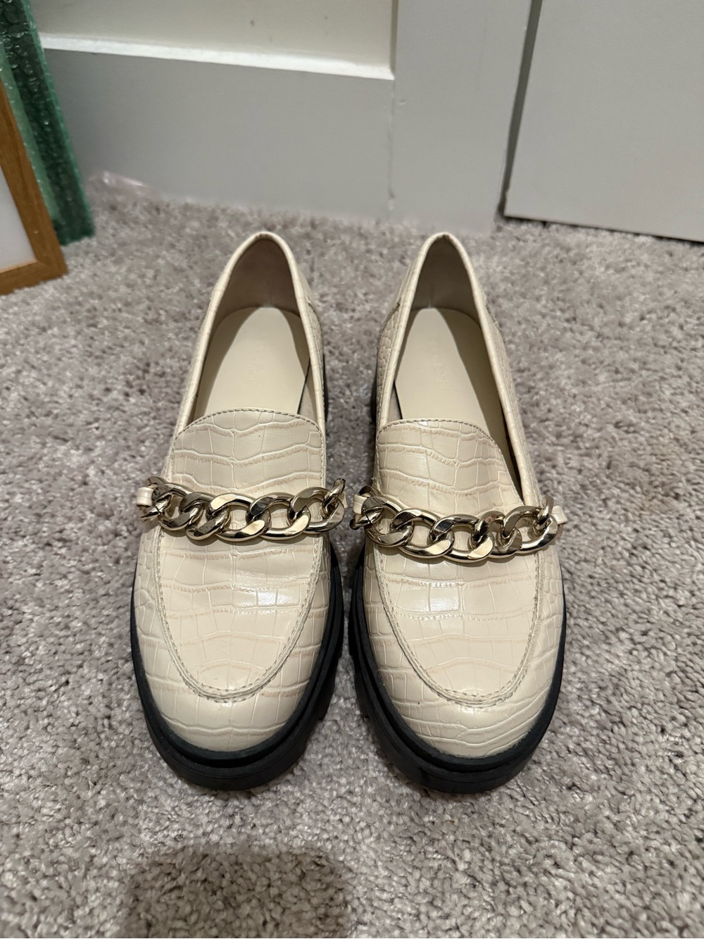 Croc-Embossed Cream Chain Loafers for Women